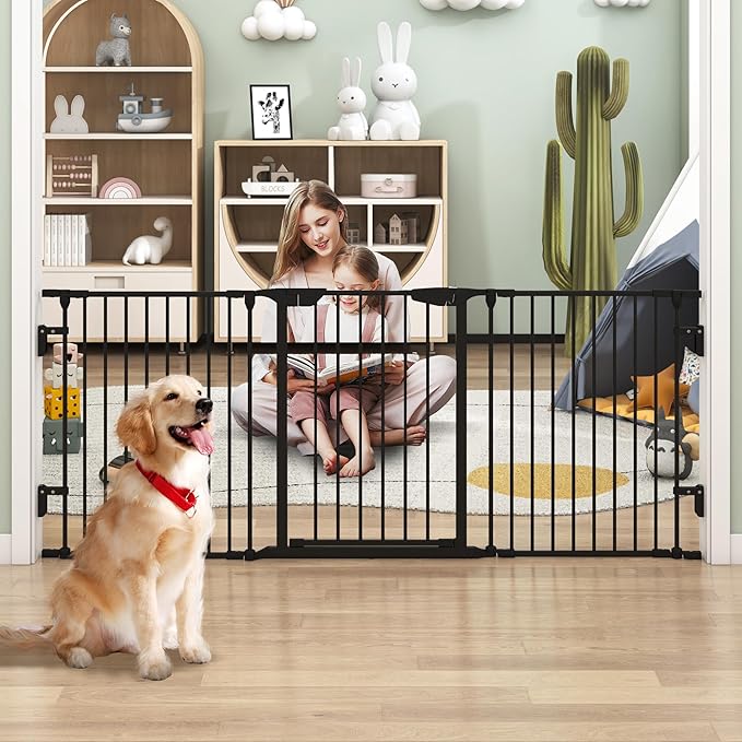 AUXSOUL 74" Wide Baby Gate Metal Safety Playpen - Fireplace Fence for Toddler/Pet/Dog, 3-Panel,30" H, Black