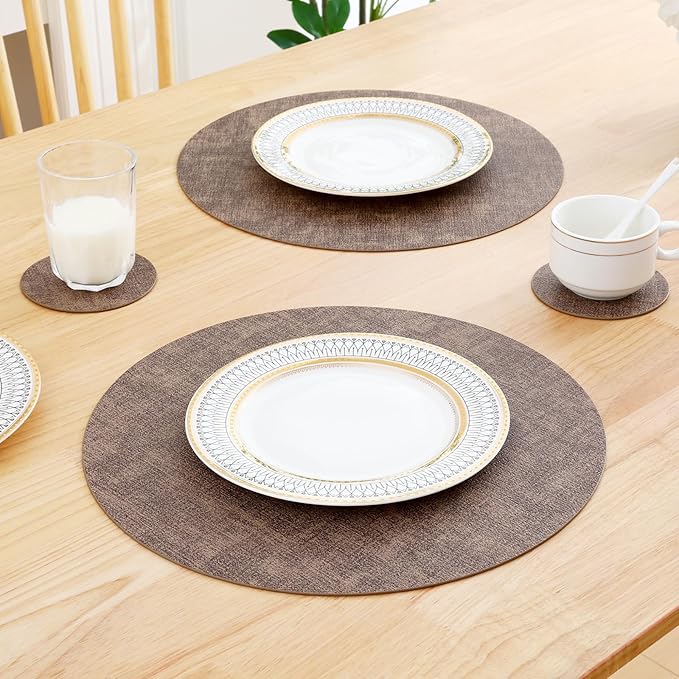 Homaxy Round Faux Leather Placemats and Coasters, Washable Dual-Side Table Mats, Wipeable Heat-Resistant Dining Place Mats for Outdoor and Indoor, Set of 8, Diameter 13 and 3.93 inch, Dark Brown