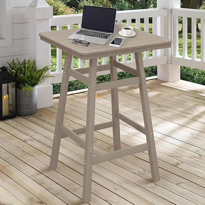 Costaelm Outdoor Bar Table, 42" Counter Height Square Patio Cocktail Bar Table with Umbrella Hole, Patio Bistro Dining Pub Table for Front Porch Deck Backyard Garden, Weathered Wood
