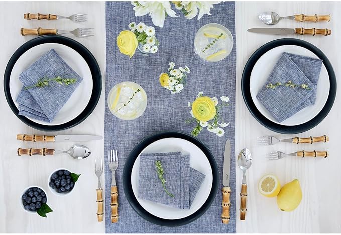 Solino Home Linen Table Runner 72 Inches Long - Athena, 100% Pure Linen Chambray Indigo Table Runner 14 x 72 Inch for Dining, Winter, Spring, Easter