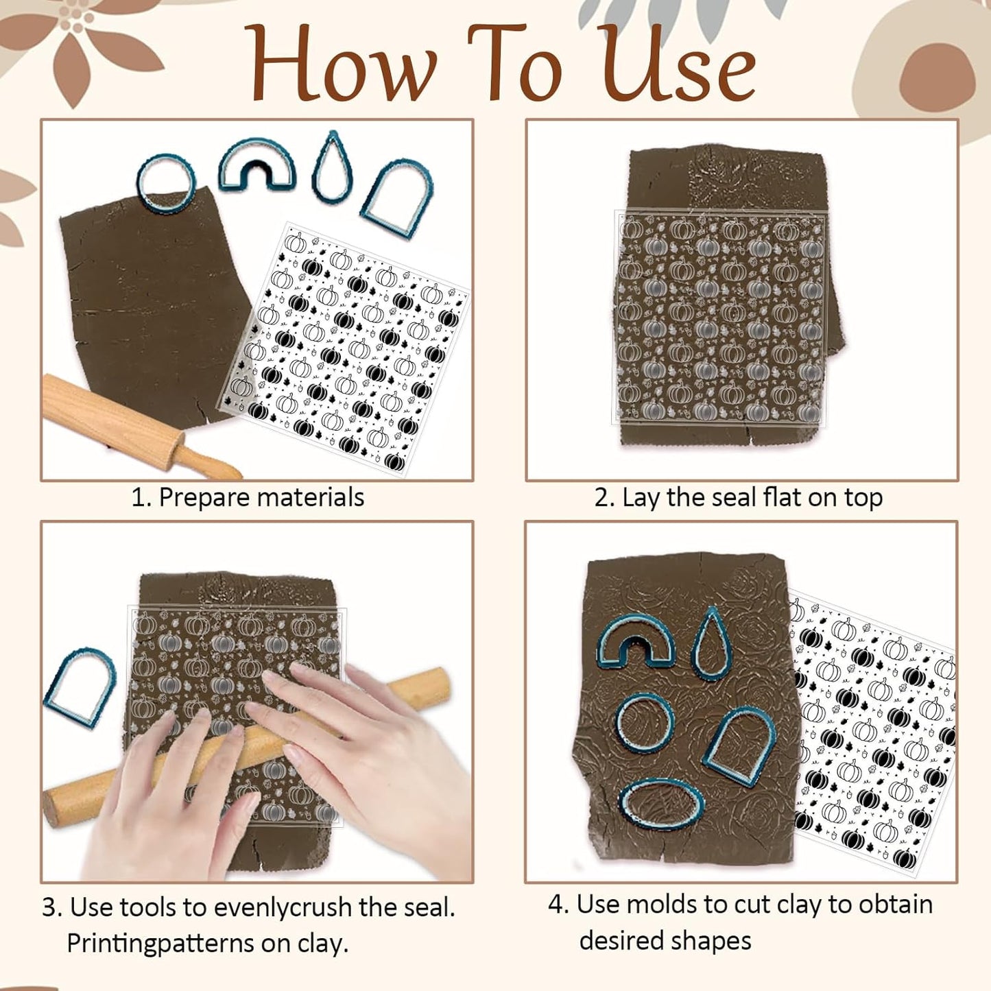 CHGCRAFT 4Pcs Pumpkin Maple Leaf Polymer Clay Texture Sheet Pinecone and Mushroom Autumn Silicone Clay Texture Mat for Polymer Clay Making Earrings Jewelry DIY Crafts 5.5 × 5.5 Inch