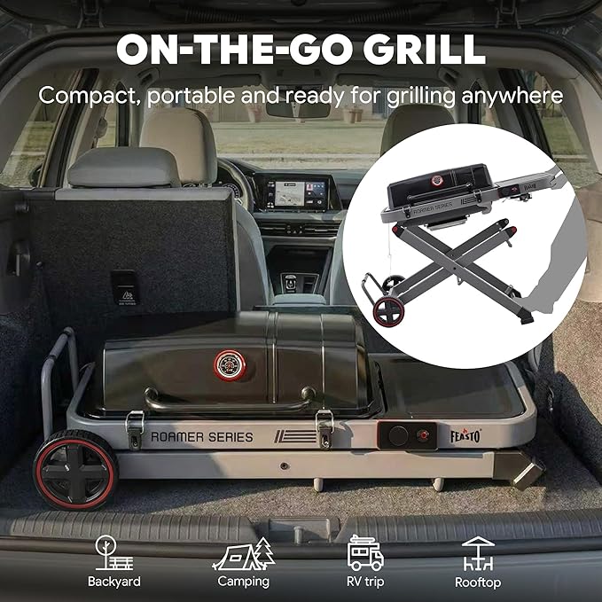 Portable Propane Gas Grill with Folding Cart & 13000 BTUs Burner, 360 Sq. In. Cast Iron Cooking Grates, Side Table, 8" Wheels, Stainless Grease Tray for Outdoor BBQ, Camping & Tailgating, Black