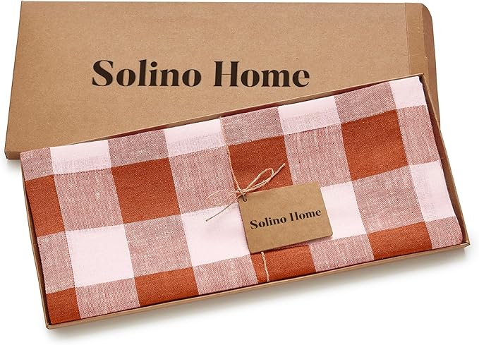 Solino Home Linen Checkered Table Runner 120 Inches Long - 100% Pure Linen Cinnamon and White Buffalo Check Table Runner 14 x 120 Inch Ideal for Dining