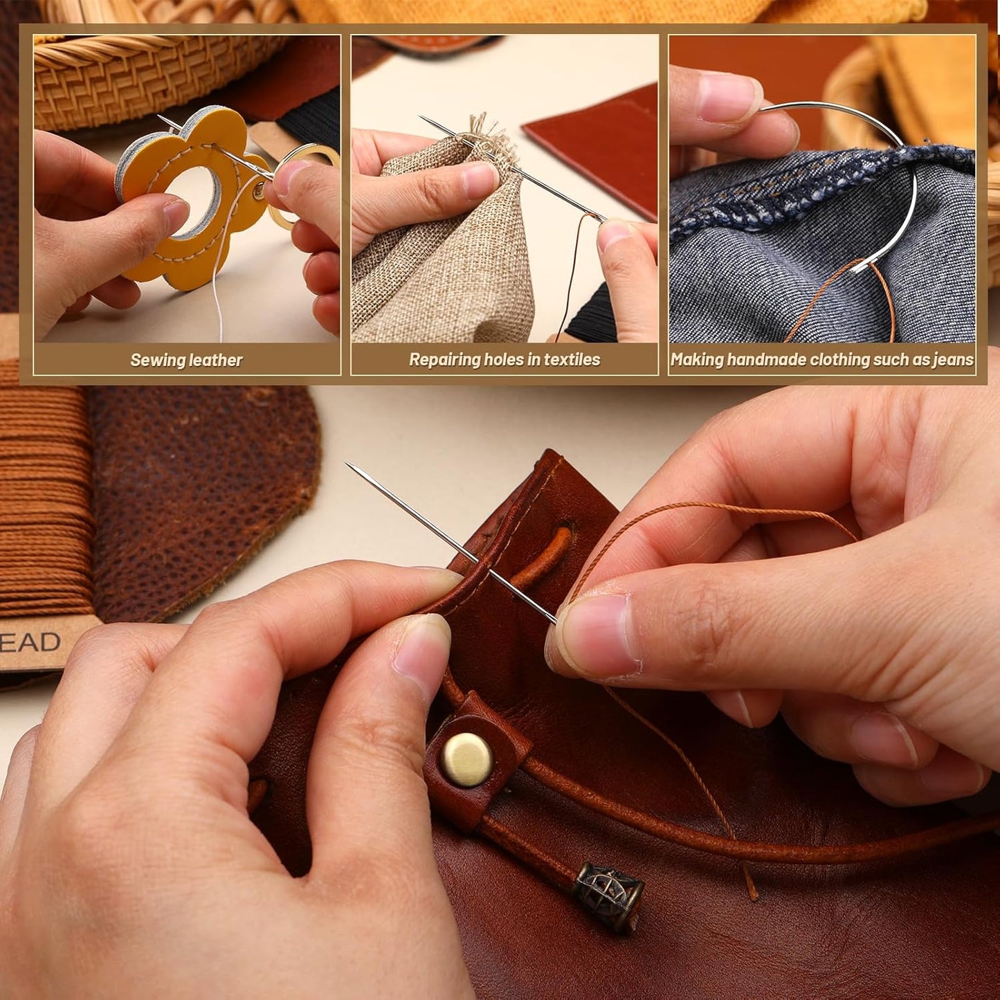 IMZAY Upholstery Repair Kit, Waxed Sewing Thread, 132 Yards Heavy Duty Leather Thread with 14 PCS Upholstery Needles for Leather, Canvas, Bookbinding, Beading, Stitching