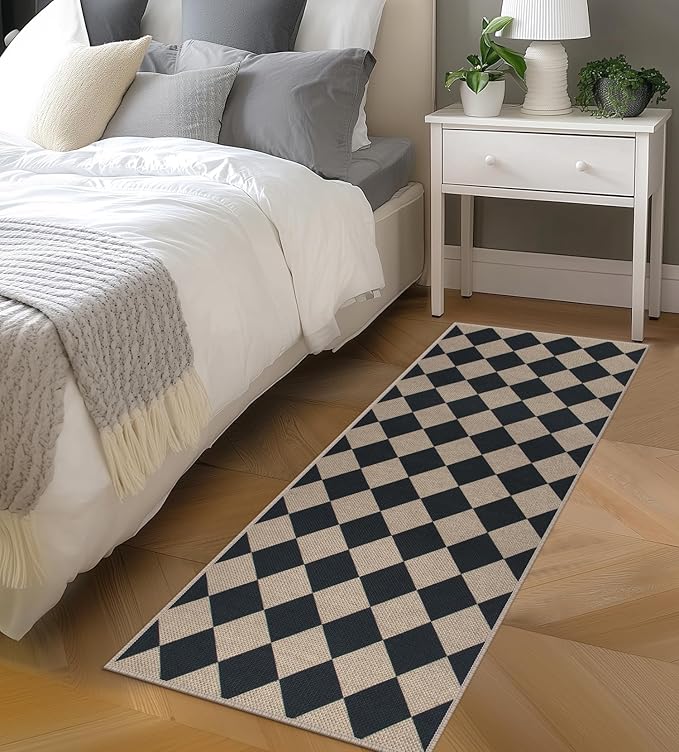 Easy Jute Checkered Runner Rug, 2x6 Black Modern Washable Rugs Runner for Hallway Non-Slip Long Kitchen Rug, Geometric Diamond Indoor Outdoor Carpet for Porch Laundry Entryway