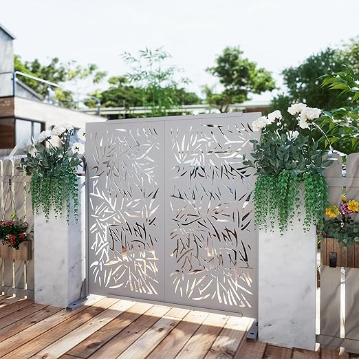 Casaphoria 72" H x 47" W Metal Outdoor Privacy Screen, Freestanding Decorative Divider for Patio, Deck, Balcony, and Garden with Stable Base, White Bamboo Leaves
