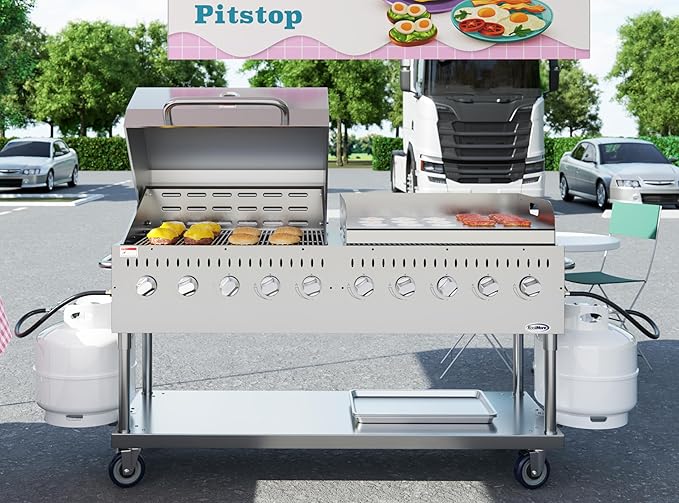 72 in. 10-Burner Commercial Outdoor Propane Gas Grill With 36 in. Roll Dome Cover and 36 in. Griddle in Stainless-Steel, ETL Listed (CGKIT7-D36G36)