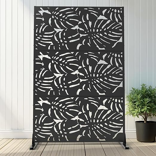 Casaphoria 72" H x 47" W Metal Outdoor Privacy Screen, Freestanding Decorative Divider for Patio, Deck, Balcony, and Garden with Stable Base, Black-Summer