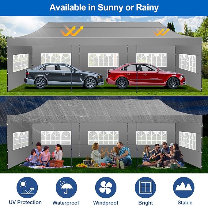 COBIZI 10x30 Pop up Canopy Tent 10x30 Canopy with 8 Sidewalls Waterproof Heavy Duty Commercial Canopy Tent for Parties Outdoor Garden Gazebo, Carry Bag with Wheel(10x30ft, Gray)