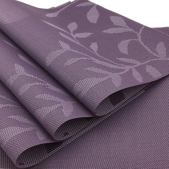 Gugrida Place Mats PVC Set of 6, Table Placemats Set of 6 PVC Woven Vinyl Place Mats Table Mats Natural Color (6 pcs, Purple Leaves)