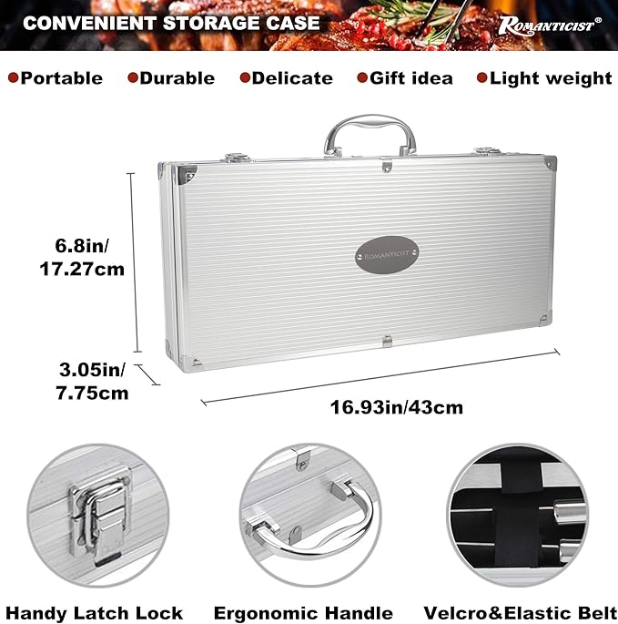 ROMANTICIST 23pcs Must-Have BBQ Grill Accessories Set with Thermometer in Case - Stainless Steel Barbecue Tool Set with 2 Grill Mats for Backyard Outdoor Camping - Father's Day Best Barbecue Gift