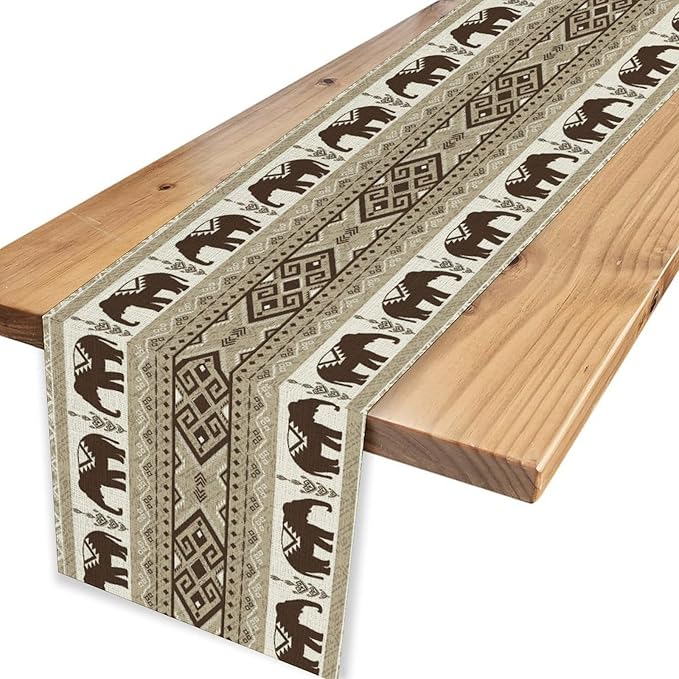 African Tribal Table Runner, Rustic Boho Elephants Diwali India Aztec Bohemian Animal Brown Ethnic Folk Coffee Table Center Decor for Home Kitchen Holiday Party Outdoor Table Decorations, 13"x36"