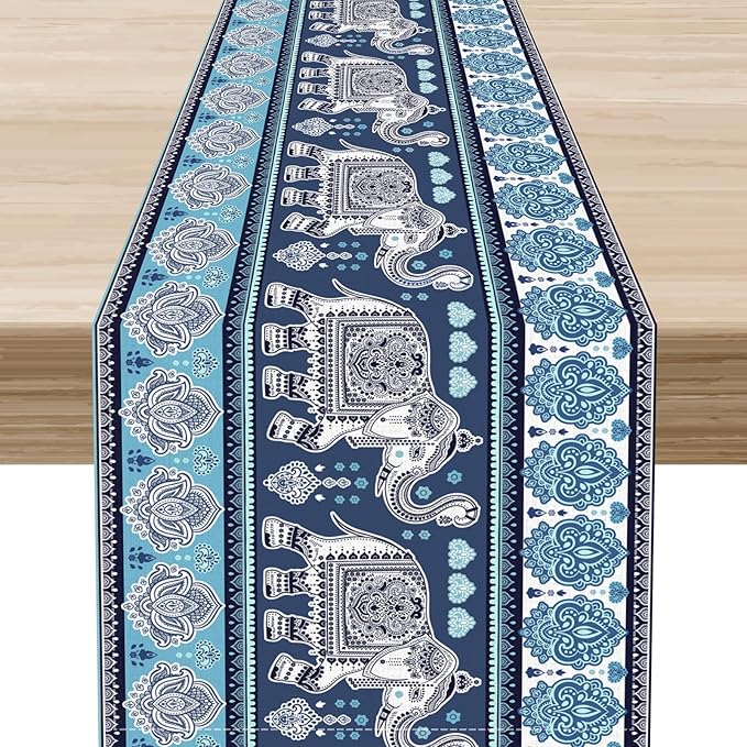 Boho Elephant Table Runner, Rustic African Tribe Animal Diwali India Damask Mandala Art Print Blue Coffee Table Center Decor for Home Kitchen Dining Holiday Party Outdoor Table Decorations, 13"x72"