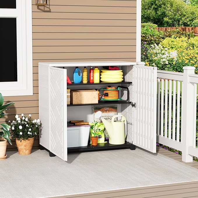 Outdoor/Indoor Storage Box,Resin and Plastic Storage Cabinet Waterproof,Outdoor Cabinet for Patio/Garden/Balcony/Backyard/All Room (with 2 Shelves)-White