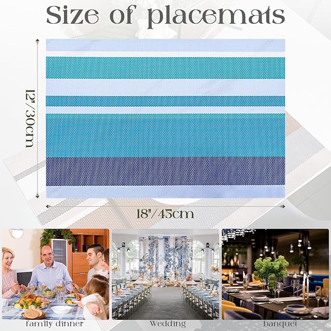 Set of 6 Colorful Striped Vinyl Placemats Heat-Resistant Washable Placemats Non-Slip Woven Table Mats Wipeable Placemat for Kitchen Dining Table Decoration Indoor Outdoor (Ocean Blue)