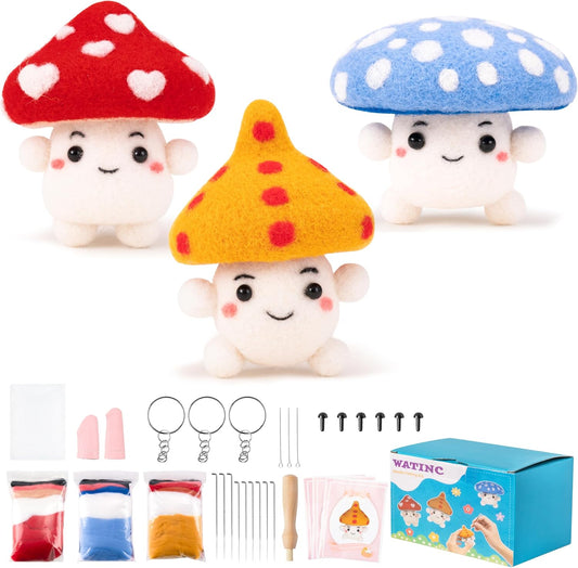 WATINC Needle Felting Kit - 3 Set Unique Different Cute Doll Wool Felt Needle Tools Foam Pad Instruction, DIY Home Decoration Craft Party Supplies for Art Work Starter Beginners (Mushroom)