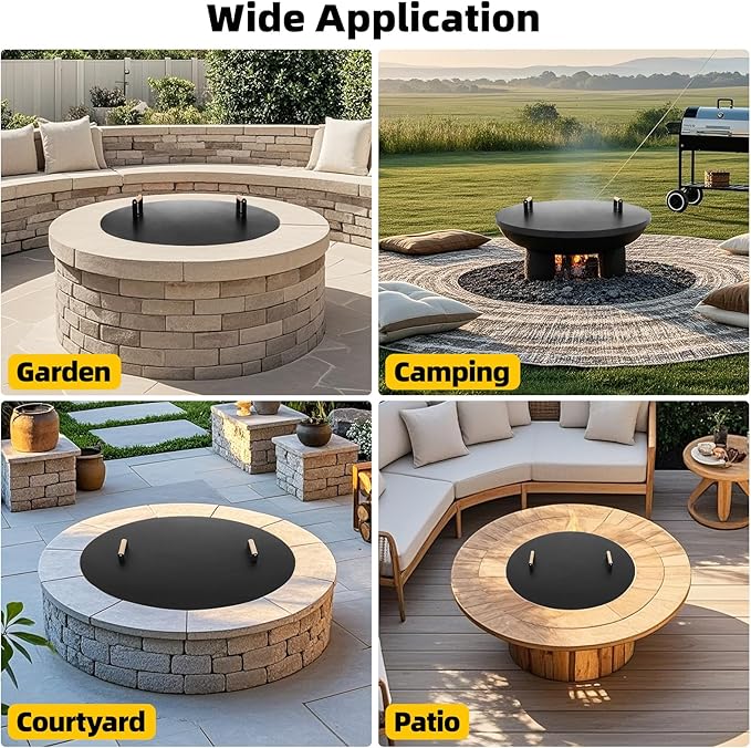 G GOOD GAIN Firepit Lid Round 36 Inch - Rust Resistant Fire Pit Lid Cover with Wooden Handle & Gloves, Fire Pit Snuffer Lid for Courtyards, Patio, Winter Cold Protection. Fits Fire Pits Up to 34"