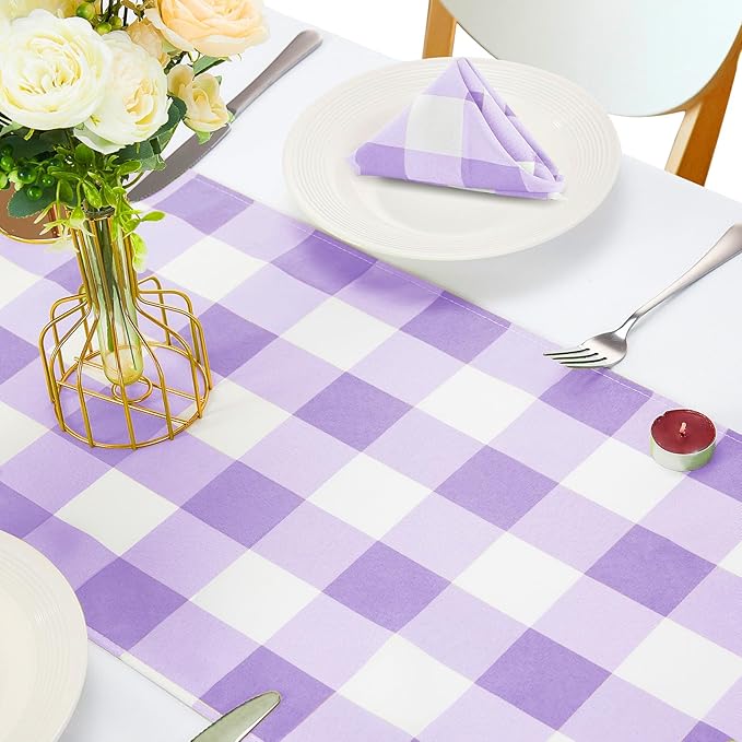Fabric Checkered Table Runner 12 Pack Waterproof Gingham Table Runner 14W x 108L Buffalo Check Table Runners for Parties Kitchen Dining Wedding Banquet (Lavender and White)