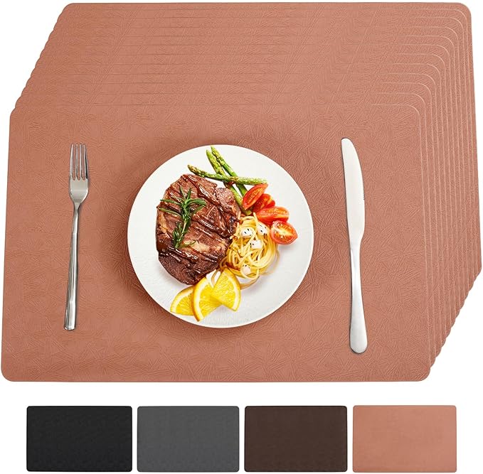 Vinyl Placemats Set of 12 Heat Resistant Easy Clean Non-Slip Place Mats for Dining Table. Faux Leather Waterproof Stain Resistant Wipeable Washable PU Table Mats(12, Coral)