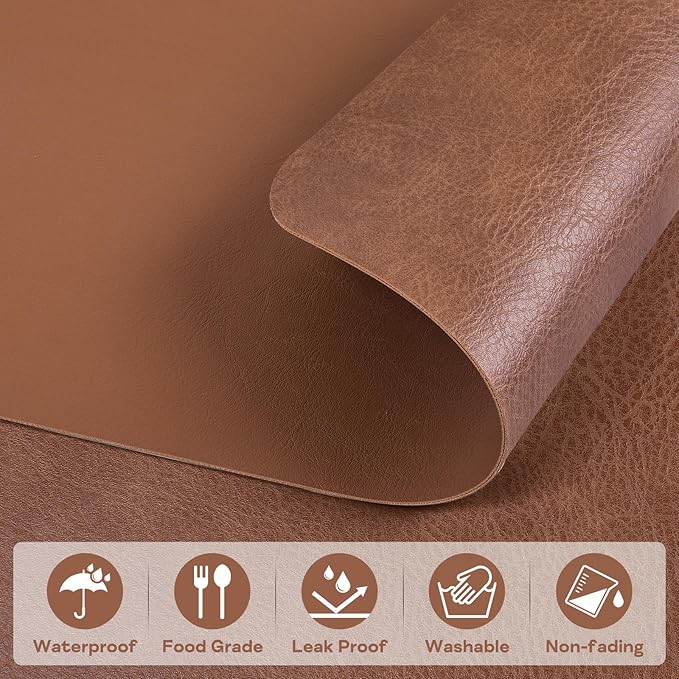 PU Leather Placemats Set of 6 Table Mats Heat Resistant Kitchen Place Mats, Waterproof Wipeable Dining Table Placemats for Home Party Outdoor, 15.8 x 11.8 inches (Brown)