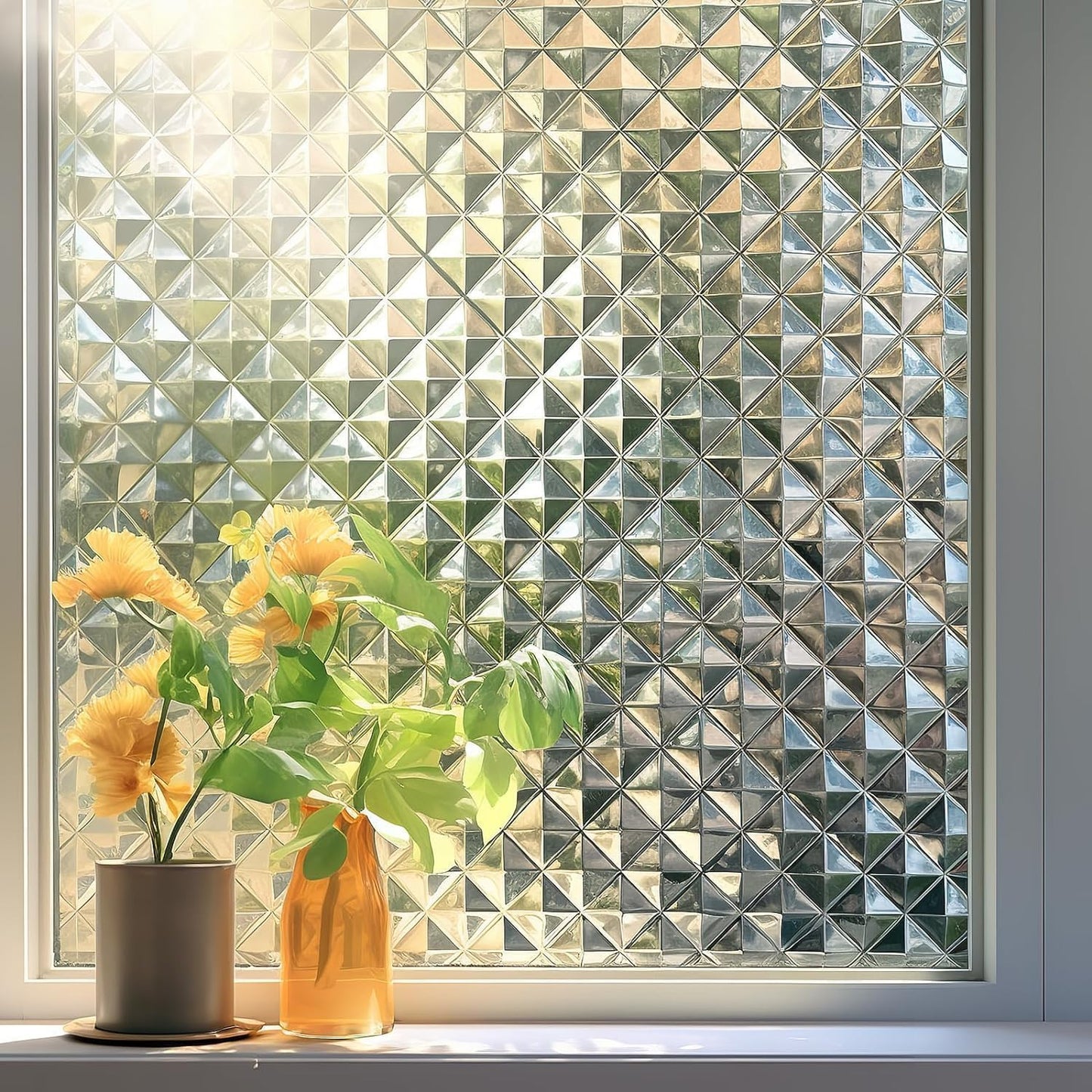 Qualsen Window Privacy Film, Stained Glass Window Film Heat Control UV, Frosted Rainbow Bathroom Decorative Film 3D Static Clings, Peel and Stick Window Tint for Home,35.4x78.7inch