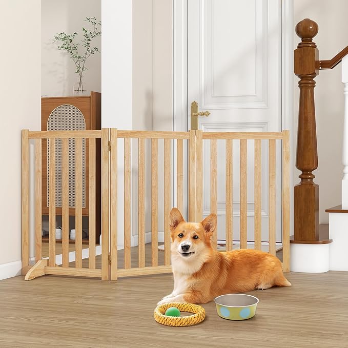 30" Height Tall Freestanding Pet Gate, Solid Wood Folding Safety Fence Wooden Dog Gate with 2 PCs Support Feet Ideal for Stairs, Doorways, Halls, Kitchens, Heavy Duty Gates, 3 Panels, Oak