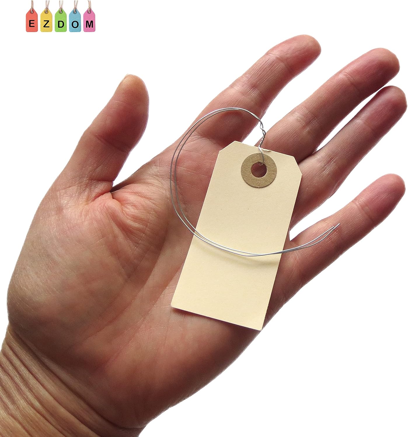 100 Manila Shipping Tags with Wire Attached #1-2 3/4” x 1 3/8” - Small Paper Hang Labels with Metal Ties and Reinforced Hole, Pre-Wired Tags to Tie On