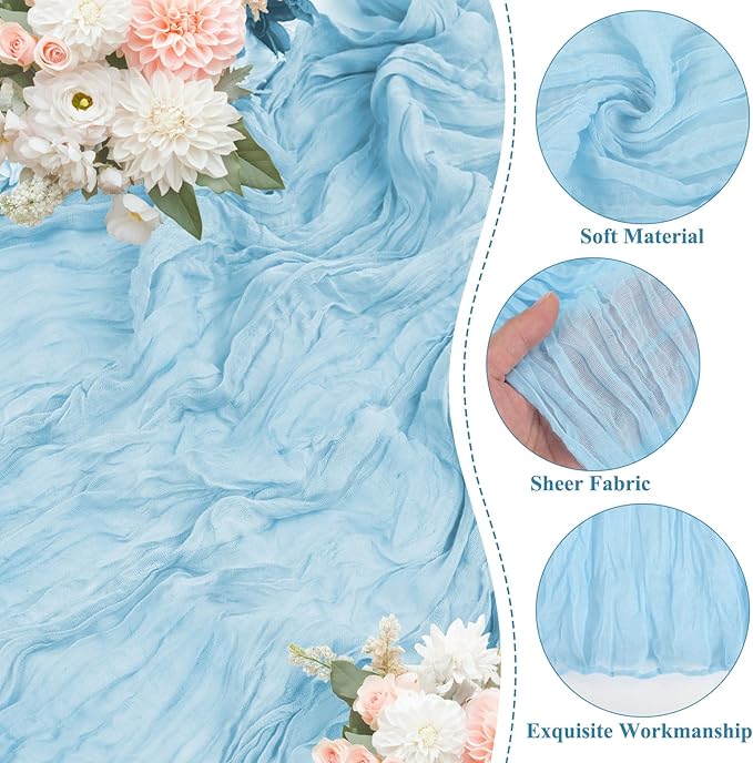 8 Packs Cheesecloth Table Runner 10FT Long Boho Gauze Fabric Table Runner Vintage Rustic Sheer Runners for Wedding Party Bridal Baby Shower Table Decorations (Light Blue)