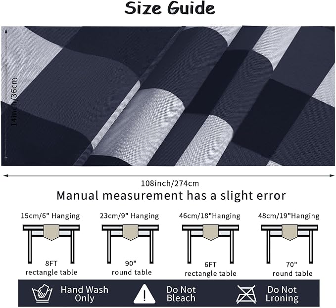 Fabric Checkered Table Runner 6 Pack Waterproof Gingham Table Runner 14W x 108L Buffalo Check Table Runners for Parties Kitchen Dining Wedding Banquet (Navy and White)