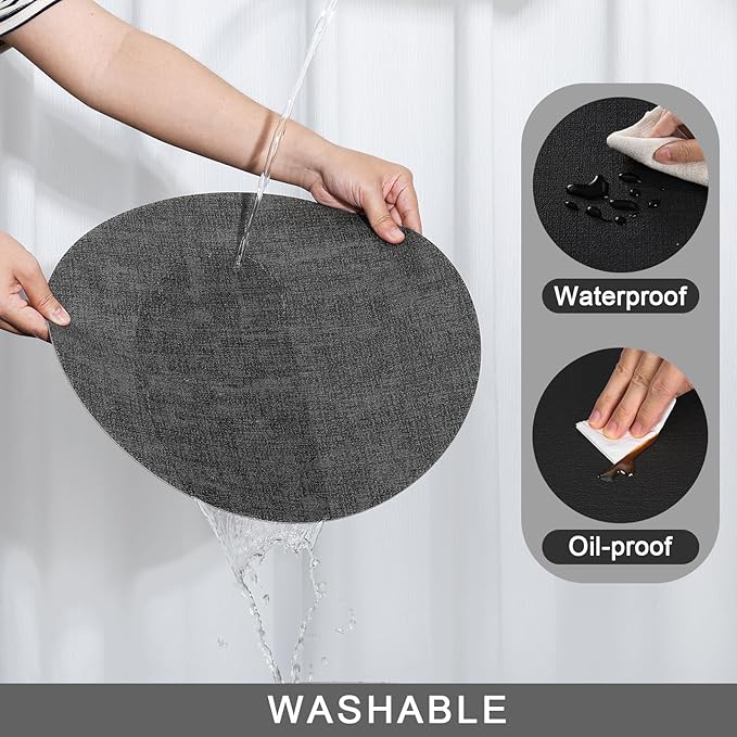 Myir JUN Round Placemats, Dual Sided Faux Leather Place Mats Set of 4 Indoor/Outdoor Non-Slip Washable Table Mats (Gray Black, Set of 4)