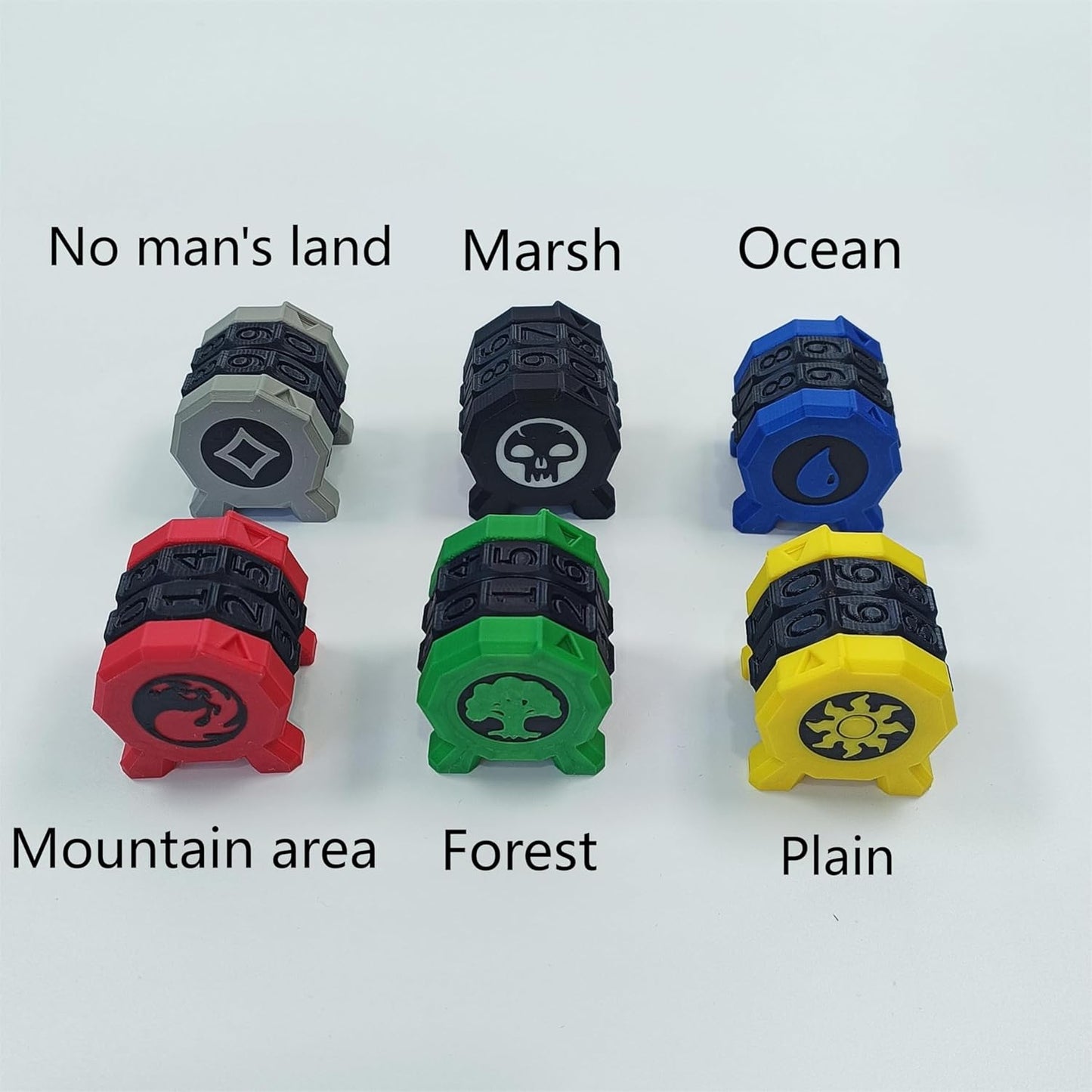 6PCS MTG Life Counter Set, 6 Terrain Types, 1.3 inch Gaming Tokens, Multi-Color