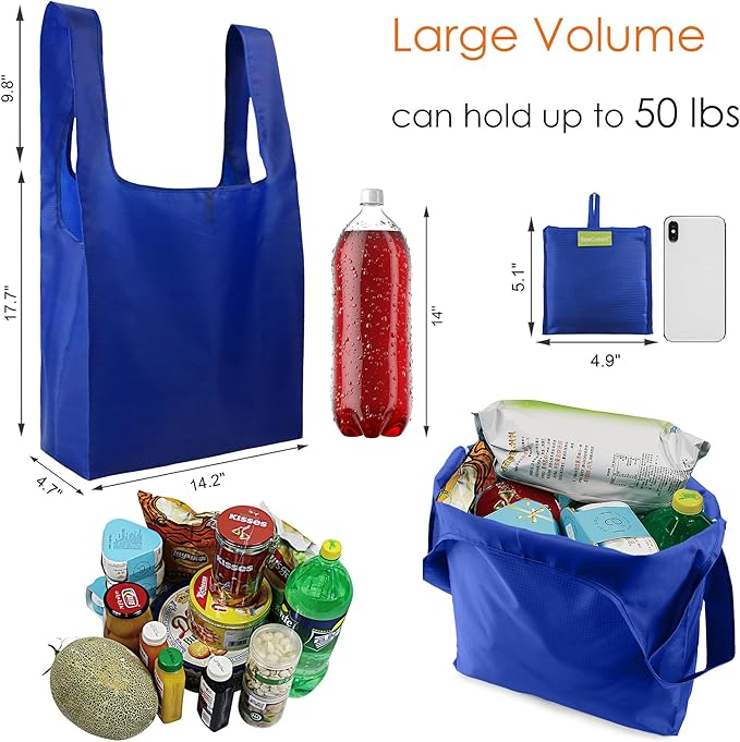 BeeGreen Blue Reusable Grocery Bags Wholesale Blue Reusable Kitchen Bags Bulk Foldable-Machine Washable with Zipper Storage Pouch 20 Packs