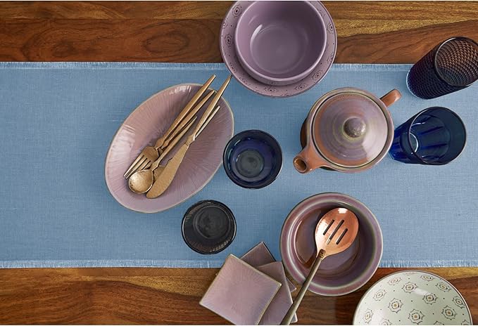 Solino Home Linen Dusty Chambray Blue Table Runner 90 Inches Long - Fringe, 100% Pure Linen Dining Table Runner 14 x 90 Inch for Winter, Spring, Easter
