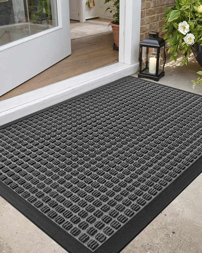 DEXI Front Door Mat Outside Entrance, 2x4 ft Rubber Entry Doormat Heavy Duty, Welcome Mats Non Slip for Inside House Floor Entryway Double Doors Exterior Patio, Squares Grey