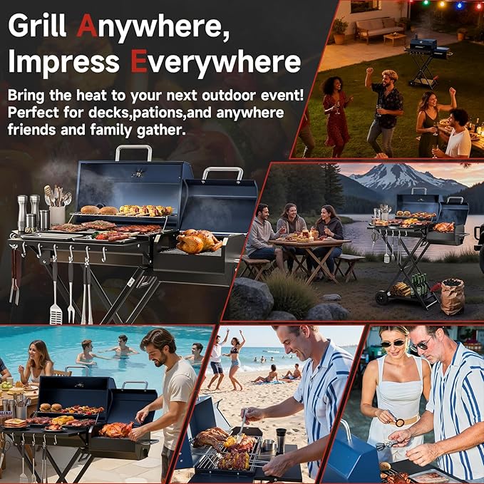 Portable Charcoal Grill with Smoking Function, Foldable Suitcase Design with Wheels, Multi-Tier Storage Rack & Waterproof Cover for Outdoor BBQ Parties (Blue)