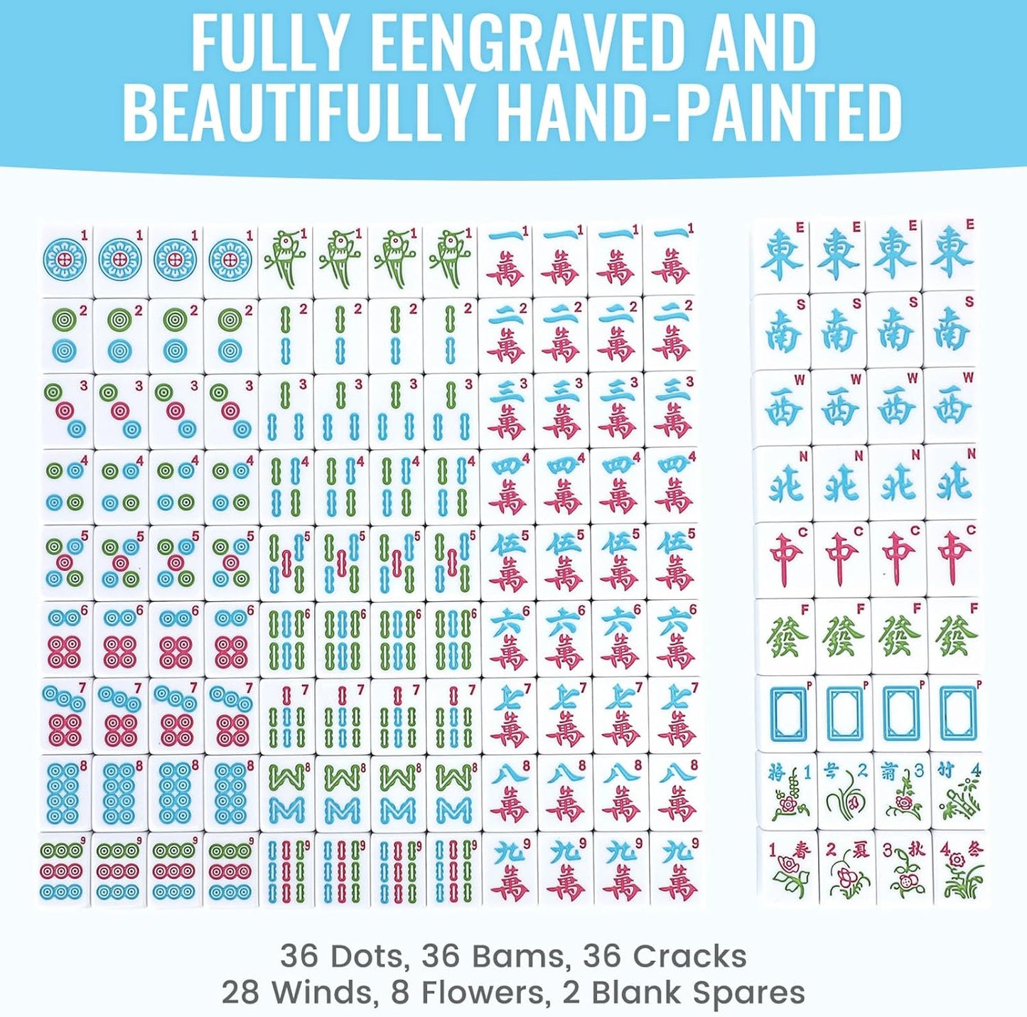 Chinese Mahjong Game Set 146 Qulity Mahjong Blue Tiles 1.4-inch Chinese Mahjong Game Set with Blue Printed Carrying Bag