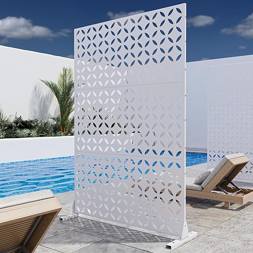 Casaphoria Metal Privacy Screen Outdoor, 72" H x 47" W Freestanding Decorative Privacy Screen for Patio Deck Balcony Garden with Stable Base, White-Daniel
