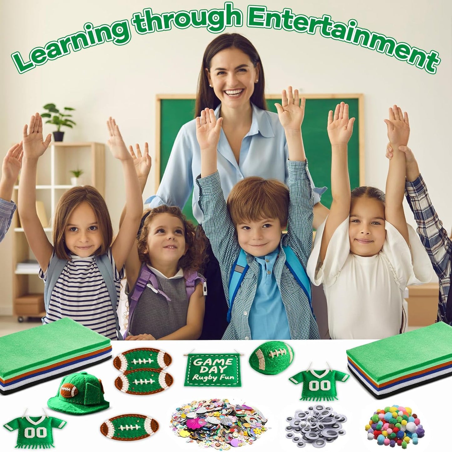 gisgfim 42Pcs Football Felt Fabric Sheets Craft Kit 8 x 12 Inch Green Brown Assorted Colors Thick Felt Pack with Wiggle Google Eyes Pompoms Glitter Patchwork Craft for DIY Sewing Art Project Decor