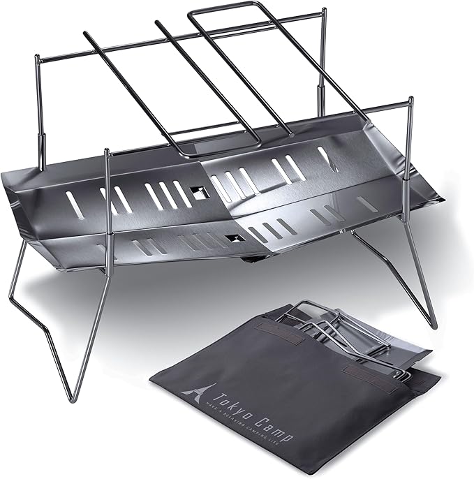 TokyoCamp HAKOSUKA Portable Fire Pit, Foldable Stainless Steel Wood Burning Stove, 11.9 x 8.5 x 10.6 in, Supports up to 44 lb Firewood, Lightweight Grill for Camping, BBQ & Bonfire