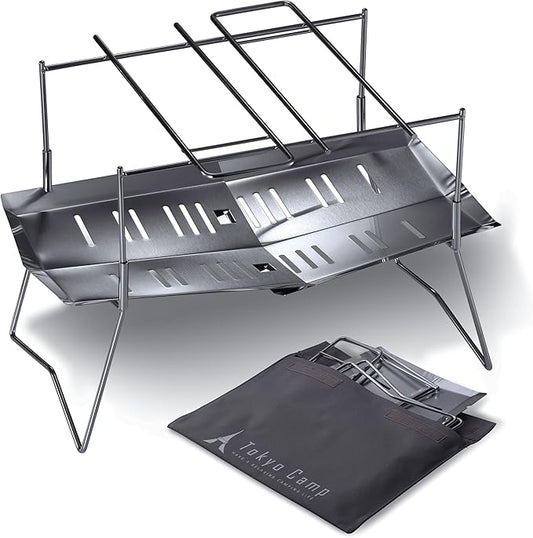 TokyoCamp HAKOSUKA Portable Fire Pit, Foldable Stainless Steel Wood Burning Stove, 11.9 x 8.5 x 10.6 in, Supports up to 44 lb Firewood, Lightweight Grill for Camping, BBQ & Bonfire