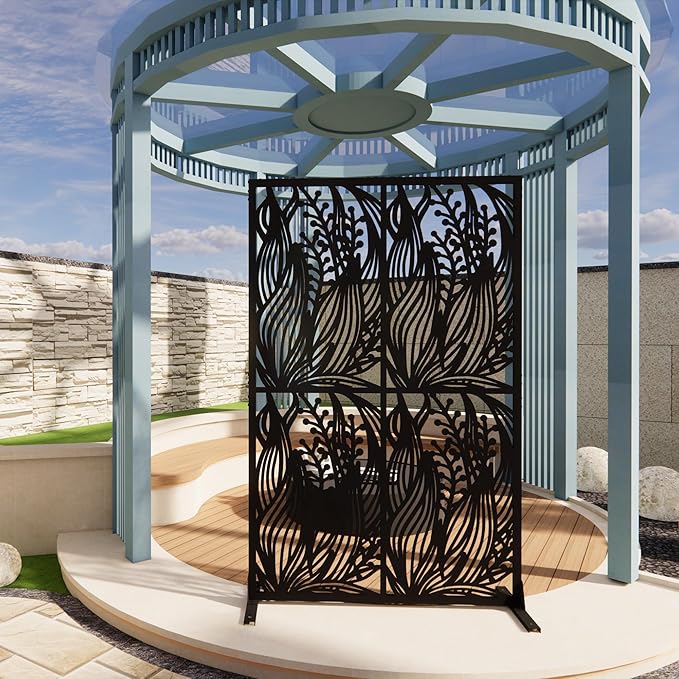 Metal Privacy Screen Room Divider 72" H x 45.3" W, Free Standing Decorative Panel with Bird Design for Indoor Outdoor Use, Black Iron Partition for Patio Balcony Garden (Leaf Black)