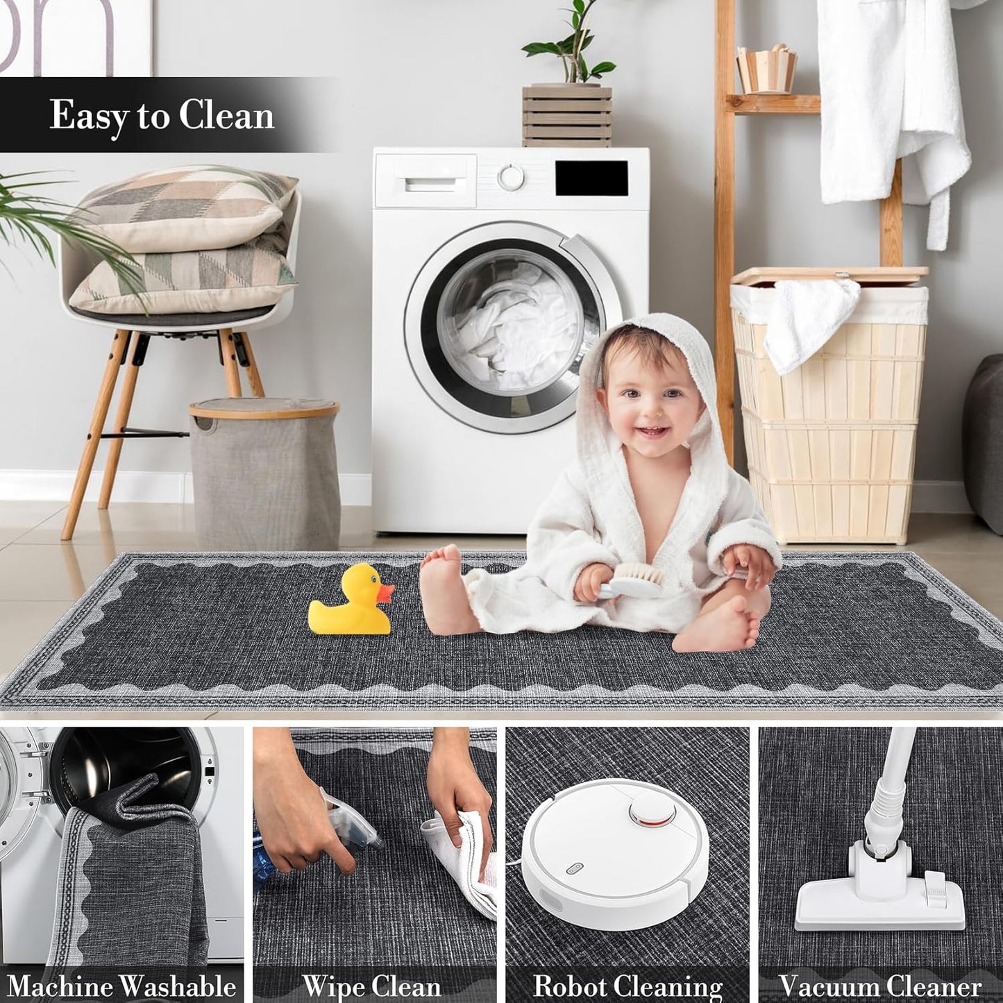 Scalloped Rug 2x6 Runners for Hallways, Solid Grey Runner Rugs Non Slip Scalloped Bath Runner, Washable Rug for Bedroom Girls, Mat for Kitchen Floor Soft Dorm Nursery Carpet for Bedside