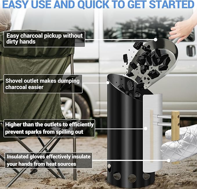 Charcoal Chimney Starter with Insulation Gloves and Briquet Shovel Set,Double Enameled Chimney Starter Double The Service Life with Heat Shield & Wood Handle Heat Insulation and Easy Grip