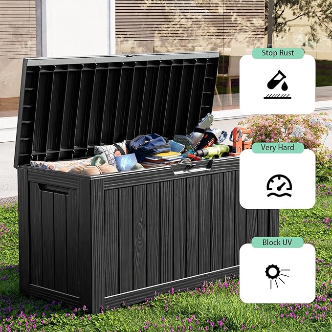 90 Gallon Waterproof Resin Deck Box, UV Resistant Outdoor Storage for Garden, Patio, Porch, Delivery, Striped Black
