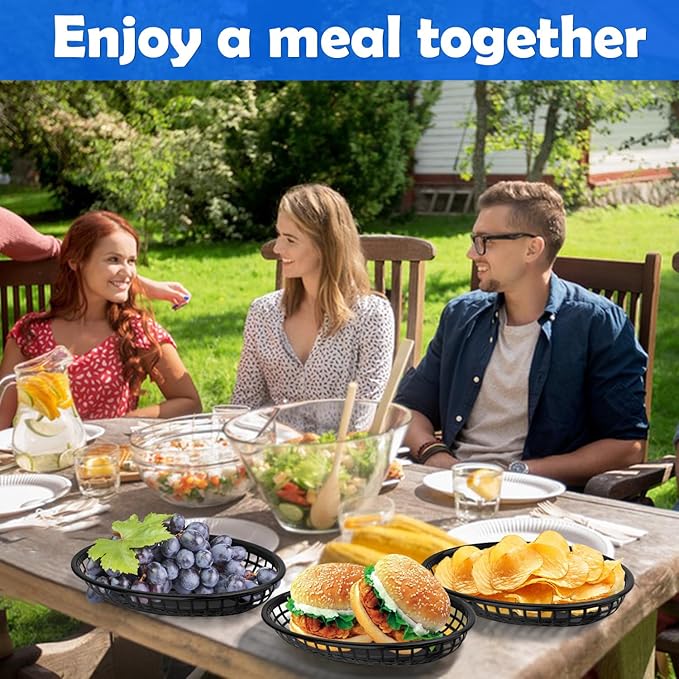 90 Pcs 9 x 5.7 Inch Reusable Oval Fast Food Baskets, Sturdy Plastic Serving Baskets for Fast Food, Parties, Picnics, BBQs and Snacks, by KUKLIPJIM.(Black)