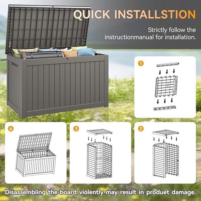 NUNU LAB 270 Gallon Large Resin Deck Box, Waterproof Outdoor Storage Box, Lockable Storage Bin for Patio Furniture, Garden Tools, Pool Accessories, UV-Resistant & All-Weather, Grey