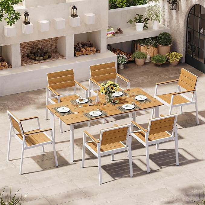 Outdoor Dining Set for 6, Patio Table and Chairs Set with Umbrella Hole, 7 Pieces HDPS + Aluminum Outdoor Furniture Sets for Patio, Garden (White & Teak)