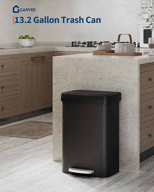 Garvee 13 gal / 50 L Metal Trash Can with Lid, Large Garbage Can for Kitchen, Rustproof Step-on Kitchen Metal Trash Bin with Liner Rim, Rear Handle, Soft Close Plastic Lid, Black