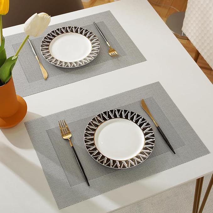 Vinyl Placemats Heat-Resistant Table Mats Washable Easy Clean Plastic Placemats for Dining Table Set of 4(Dark Silver)