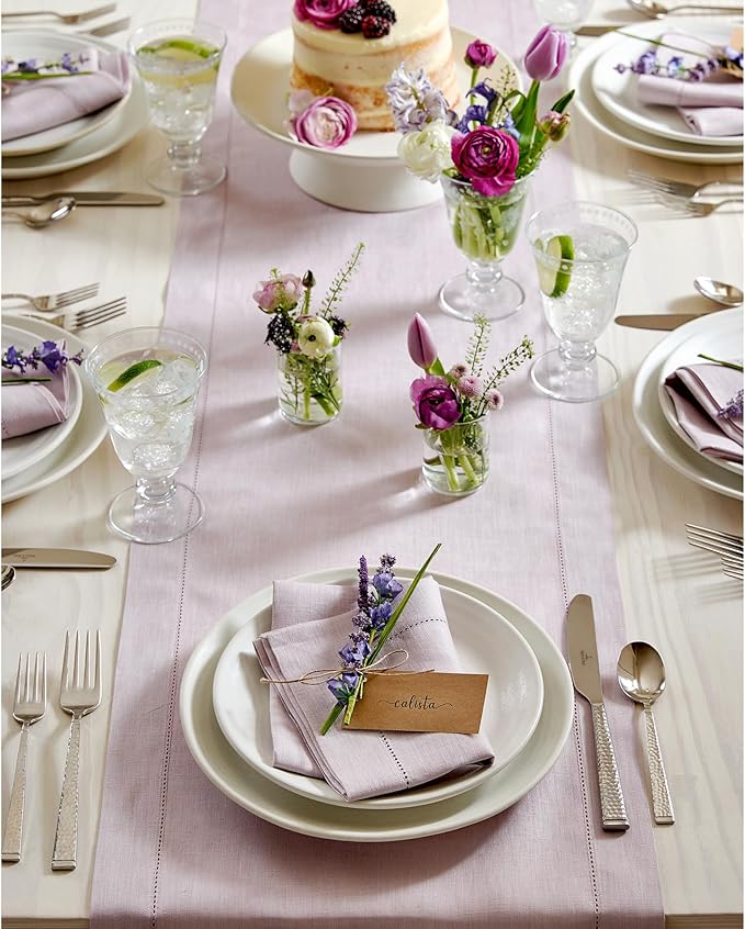 Solino Home Linen Lilac Table Runner 90 Inches Long - 100% Pure Linen Hemstitch 14 x 90 Inch Table Runner for Dining, Valentines, Spring, Easter - Classic Hemstitch
